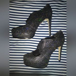 Black sparkle platform heels